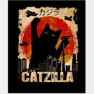 Vintage Catzilla Funny Black Cat Posters and Art